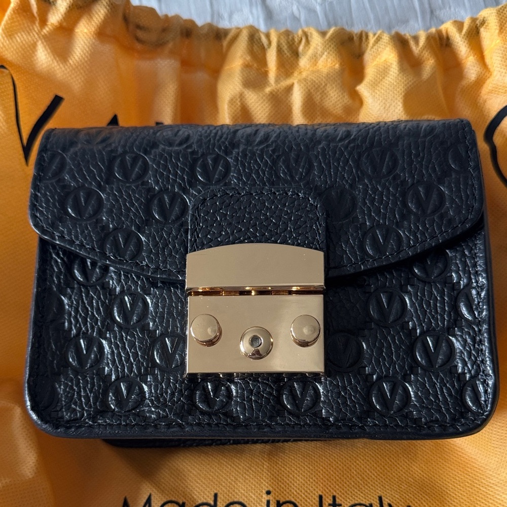 Valentino Black Crossbody Bag with Gold Accents.